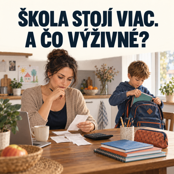Matka v béžovom svetri sedí pri kuchynskom stole s notebookom a kalkulačkou, v ruke drží účtenky, vedľa leží učebnica a peračník; chlapec v modrej mikine si balí školský ruksak. Nápis: Škola stojí viac. A čo výživné?