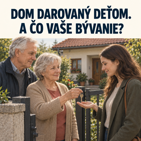 Starší rodičia odovzdávajú dcére kľúč pri bránke rodinného domu s červenou strechou. Text: Dom darovaný deťom. A čo vaše bývanie?