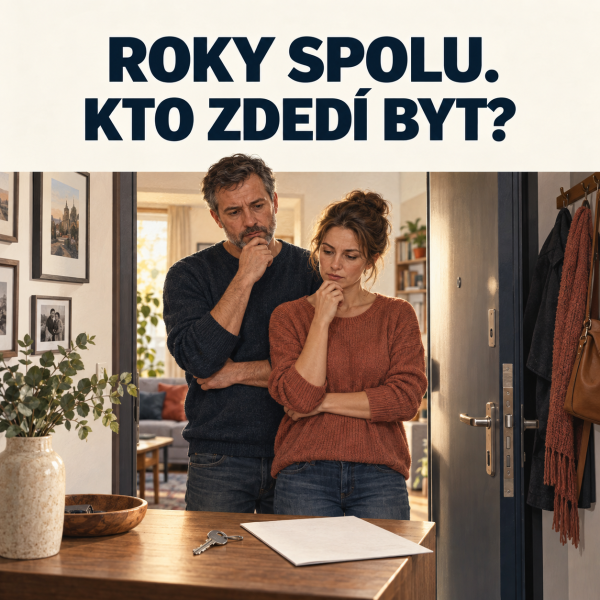 Muž a žena stoja zamyslene vo dverách bytu, na stole pred nimi leží kľúč a dokument, nad nimi nápis Roky spolu. Kto zdedí byt?