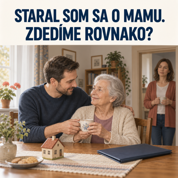 Syn podáva staršej matke pri stole hrnček s čajom, na stole je model domu a dosky s dokumentmi, vo dverách stojí jeho sestra. Text: Staral som sa o mamu. Zdedíme rovnako?