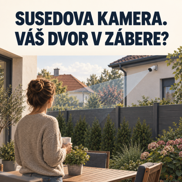 Žena s hrnčekom stojí na terase a pozerá cez tmavý drevený plot na bielu kameru na fasáde susedného domu, ktorej kužeľ záberu smeruje na jej dvor. Text: Susedova kamera. Váš dvor v zábere?