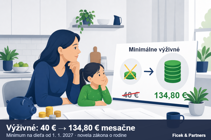 Minimálne výživné na dieťa od 1. 1. 2027: zvýšenie zo 40 € na 134,80 € mesačne – matka s dcérou pri tabuli so sumami